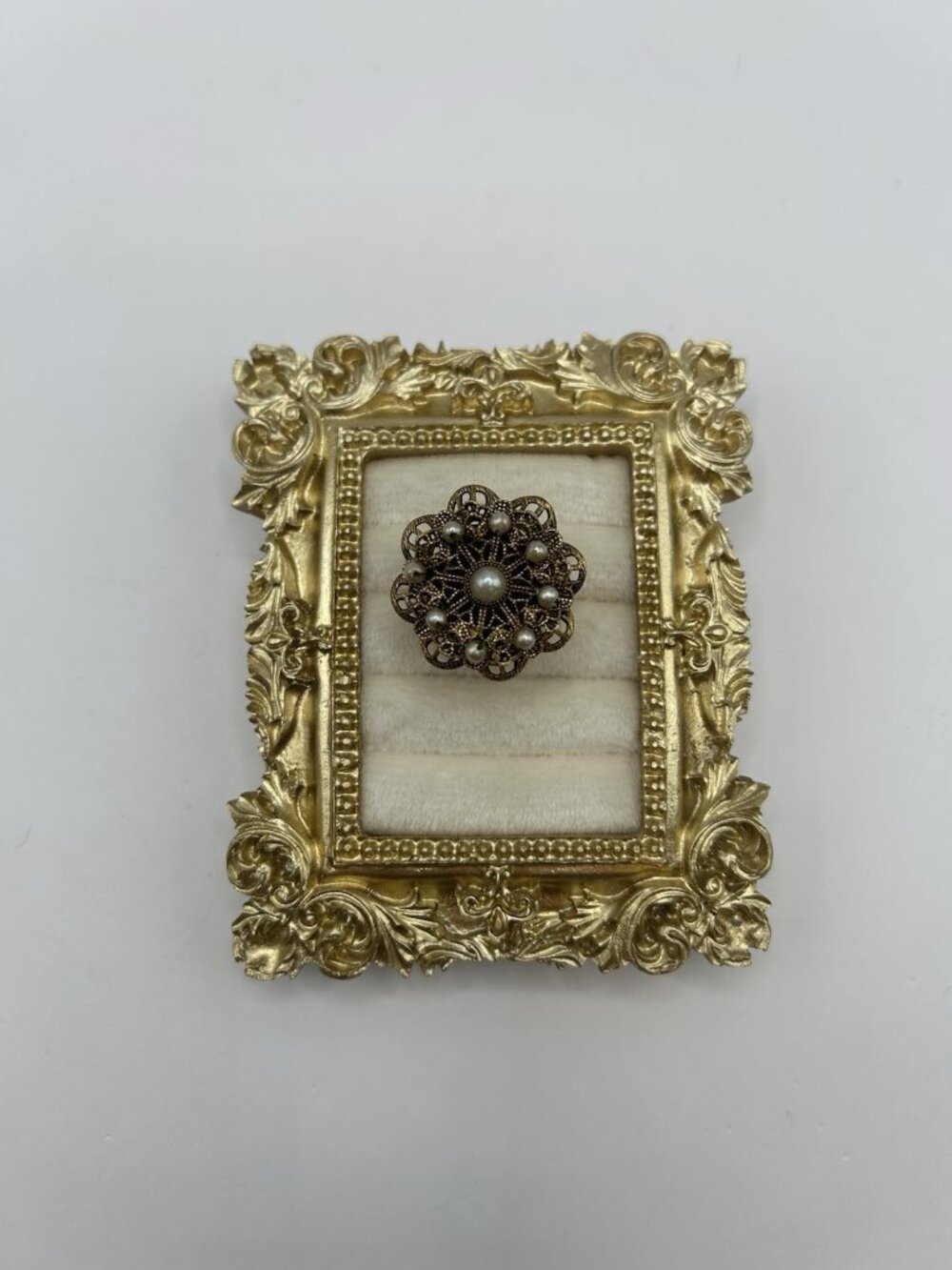Vintage Faux Pearl Filigree Flower Ring Adjustable Size 7 Gold Tone Cottagecore